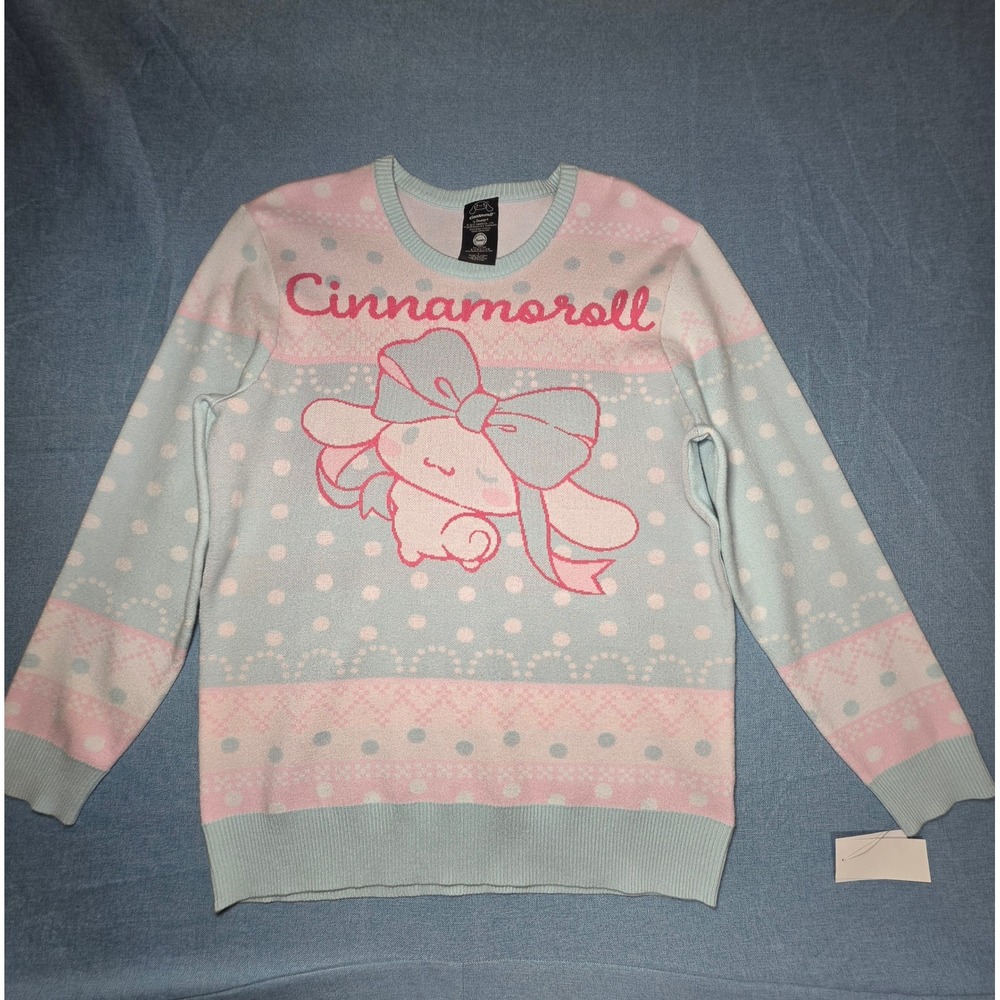 Sanrio Cinnamoroll Pastel Knit Sweater Blue Pink Polka Dot Bioworld Large NWT